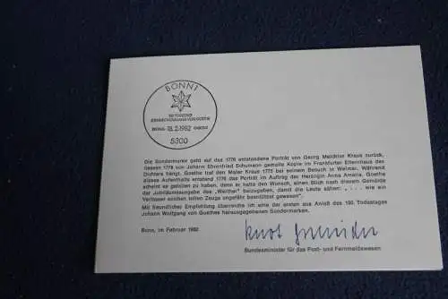 Ministerkarte zum Ausgabeanlaß: "Johann W. von Goethe";18.2.1982; MiNr. 1121