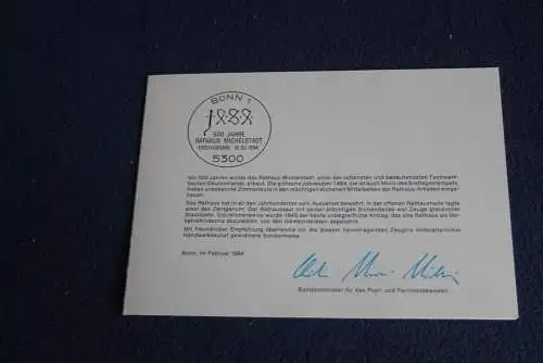 Ministerkarte zum Ausgabeanlaß: "Rathaus Michelstadt"; 16.2.1984; MiNr. 1200