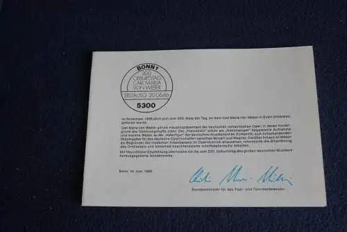 Ministerkarte zum Ausgabeanlaß: "Carl Maria von Weber", 20.6.1986; MiNr. 1284