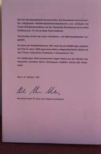 Ministerkarte zum Ausgabeanlaß:  "Wohlfahrt 1991: Historische Posthäuser"; 10. Okt. 1991 ; MiNr. 1563-68; Sondergröße