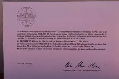 Ministerkarte zum Ausgabeanlaß:  "Jugend-Briefmarkenausstellung"; 21. Juni  1990 ; MiNr.  Block 21; Sondergröße