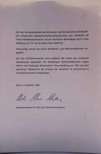 Ministerkarte zum Ausgabeanlaß:  "Wohlfahrtsmarken 1992: Alte Uhren"; 15. Okt. 1992 ; MiNr. 1631-35