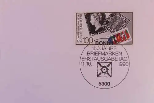 Silberkarte; Zentrale Klappkarte mit Postwertzeichen - Kontaktgabe: 150 Jahre Briefmarken; 11.10.1990, MiNr. 1479