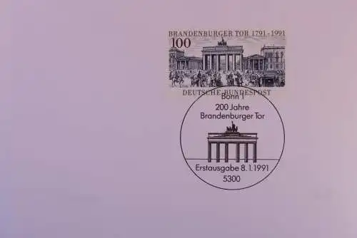 Silberkarte; Zentrale Klappkarte mit Postwertzeichen - Kontaktgabe: Brandenburger Tor; 8.1.1991, MiNr. 1492