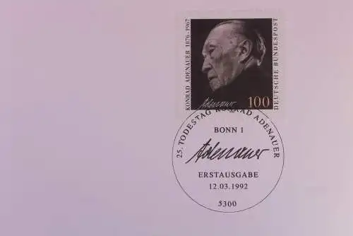 Silberkarte; Zentrale Klappkarte mit Postwertzeichen - Kontaktgabe: Konrad Adenauer; 12.3.1992, MiNr. 1601