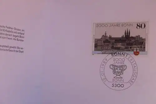 Silberkarte; Zentrale Klappkarte mit Postwertzeichen - Kontaktgabe: 2000 Jahre Bonn; 12.01.1989, MiNr. 1402