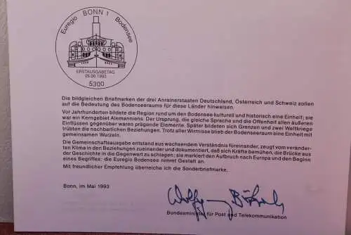 Ministerkarte zum Ausgabeanlaß:  "EUREGIO Bodensee"; 5. Mai 1993 ; MiNr. 1678