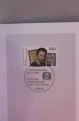 Ministerkarte zum Ausgabeanlaß:  "Claudio Monteverdi"; 10. Nov. 1993 ; MiNr. 1705