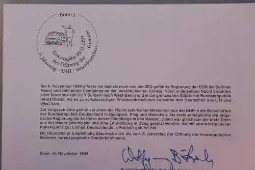 Ministerkarte zum Ausgabeanlaß:  "Öffnung der Grenze"; 9. Nov. 1994 ; MiNr. 1769