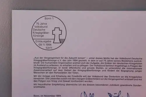 Ministerkarte zum Ausgabeanlaß:  "Kriegsgräberfürsorge"; 9. Nov. 1994 ; MiNr. 1768