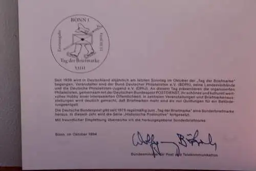 Ministerkarte zum Ausgabeanlaß:  "Tag der Briefmarke 1994"; 13. Okt. 1994 ; MiNr. 1764