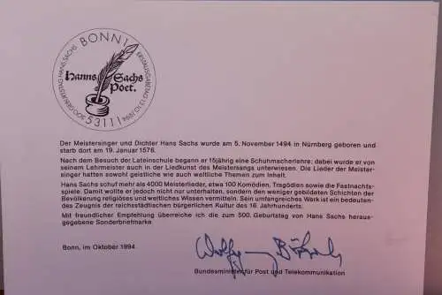 Ministerkarte zum Ausgabeanlaß:  "Hans Sachs"; 13. Okt. 1994 ; MiNr. 1763