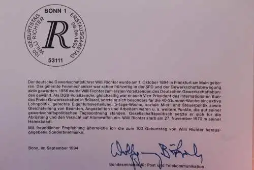 Ministerkarte zum Ausgabeanlaß:  "Willi Richter"; 8. Sept. 1994 ; MiNr. 1753