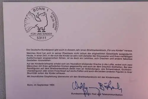 Ministerkarte zum Ausgabeanlaß: Blockausgabe "Für uns Kinder"; 8. Sept. 1994 ; MiNr. Block 30