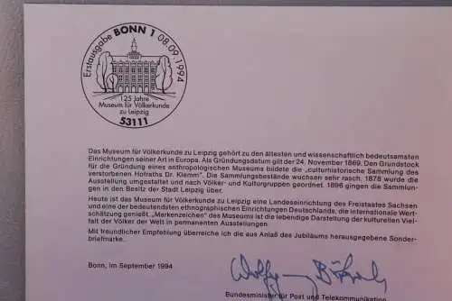 Ministerkarte zum Ausgabeanlaß: "Museum für Völkerkunde Leipzig"; 8. Sept. 1994 ; MiNr. 1751