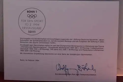 Ministerkarte zum Ausgabeanlaß: "Sporthilfe-Für den Sport 1994", 10. Febr. 1994; MiNr. 1717-20