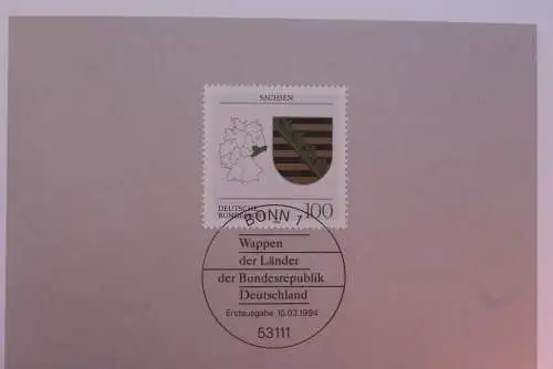 Ministerkarte zum Ausgabeanlaß: "Wappen der Länder: Sachsen", 10. März 1994; MiNr. 1713