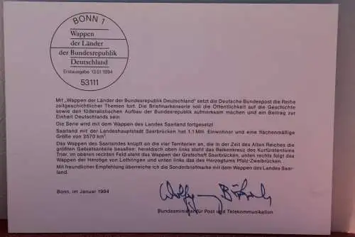 Ministerkarte zum Ausgabeanlaß: "Wappen der Länder: Saarland", 13. Jan. 1994; MiNr. 1712