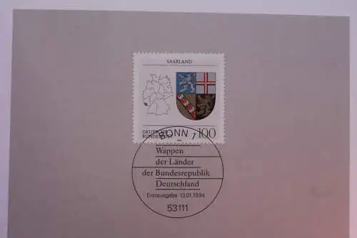 Ministerkarte zum Ausgabeanlaß: "Wappen der Länder: Saarland", 13. Jan. 1994; MiNr. 1712