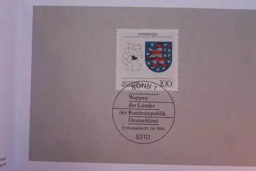 Ministerkarte zum Ausgabeanlaß: "Wappen der Länder: Thüringen", 8. Sept. 1994; MiNr. 1716