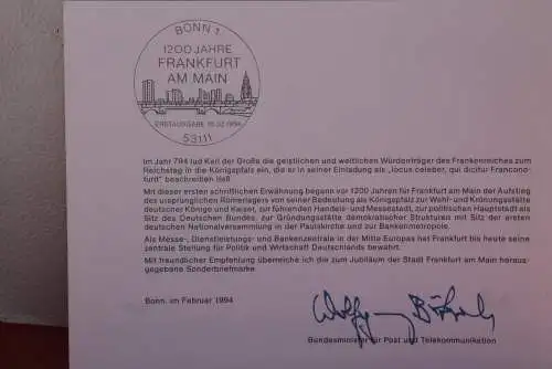 Ministerkarte zum Ausgabeanlaß: "1200 Jahre Frankfurt a. M.", 10. Febr. 1994; MiNr. 1721