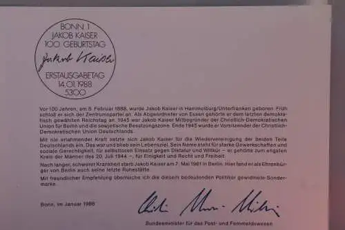 Ministerkarte zum Ausgabeanlaß: "Jakob Kaiser", 14. Jan. 1988; MiNr. 1350