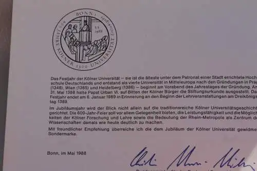 Ministerkarte zum Ausgabeanlaß: "600 Jahre Kölner Universität"; 5. Mai 1988 ; MiNr.1370