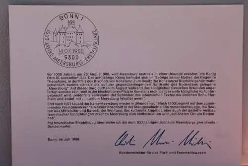 Ministerkarte zum Ausgabeanlaß: "1000 Jahre Meersburg"; 14. Juli 1988 ; MiNr.1376