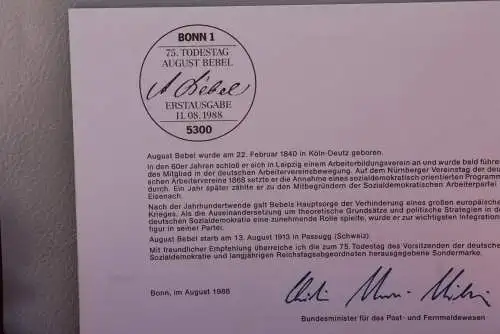 Ministerkarte zum Ausgabeanlaß: "August Bebel"; 11.Aug.1988 ; MiNr.1382