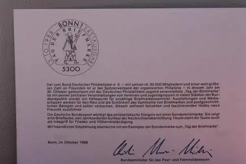 Ministerkarte zum Ausgabeanlaß: "Tag der Briefmarke 1988"; 13.10.1988 ; MiNr.1388