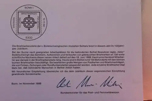 Ministerkarte zum Ausgabeanlaß: "Briefmarken für Bethel"; 10.11.1988; MiNr. 1395