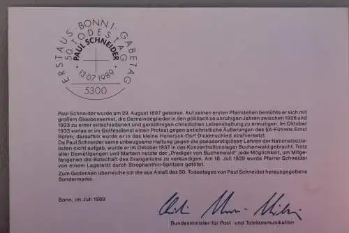 Ministerkarte zum Ausgabeanlaß: "Paul Schneider"; 13. Juli 1989; MiNr. 1431