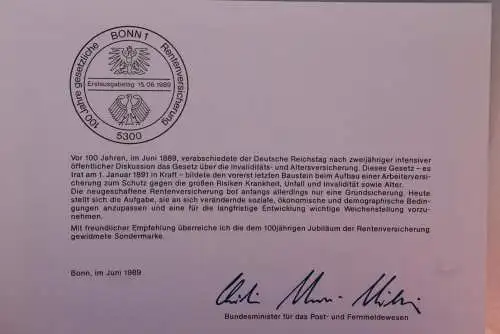 Ministerkarte zum Ausgabeanlaß: "100 Jahre Rentenversicherung"; 15. Juni 1989; MiNr. 1426