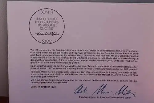 Ministerkarte zum Ausgabeanlaß: "Reinhold Maier"; 12. Okt. 1989; MiNr. 1440