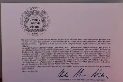 Ministerkarte zum Ausgabeanlaß: "Cosmas Damian Asam"; 5. Mai 1989; MiNr. 1420