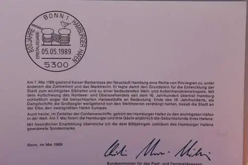 Ministerkarte zum Ausgabeanlaß: "800 Jahre Hamburger Hafen"; 5. Mai 1989; MiNr. 1419