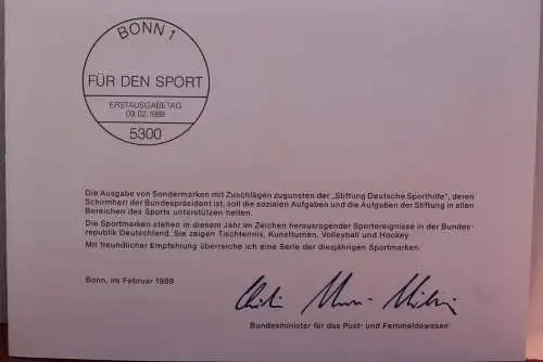 Ministerkarte zum Ausgabeanlaß: "Für den Sport 1989-Sporthilfe"; 9. Febr. 1989; MiNr. 1408-09; Berlin 836-37