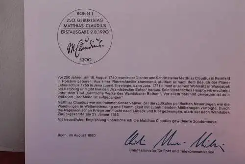 Ministerkarte zum Ausgabeanlaß "Matthias Claudius", 8. Aug. 1990; MiNr. 1473