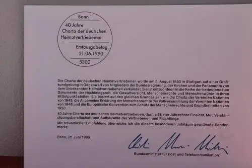 Ministerkarte zum Ausgabeanlaß "Charta der deutschen Heimatvertriebenen", 21. Juni 1990; MiNr. 1470