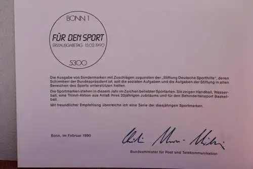 Ministerkarte zum Ausgabeanlaß "Für den Sport - Sporthilfe 1990", 15. Febr. 1990; MiNr. 1449-50; Berlin:864-65