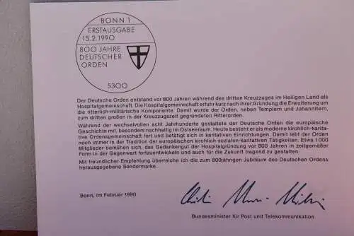 Ministerkarte zum Ausgabeanlaß "800 Jahre Deutscher Orden", 15. Febr. 1990; MiNr. 1451