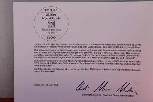 Ministerkarte zum Ausgabeanlaß "25 Jahre Jugend forscht", 15. Febr. 1990; MiNr. 1453