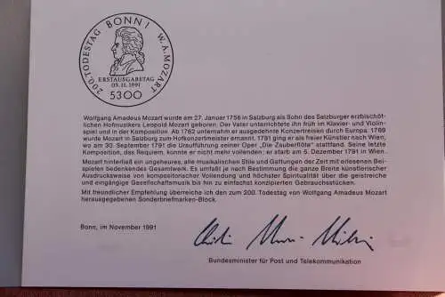 Ministerkarte zum Ausgabeanlaß Blockausgabe "Wolfgang Amadeus Mozart", 5. Nov. 1991; MiNr. Block 26