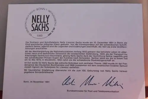 Ministerkarte zum Ausgabeanlaß "Nelly Sachs", 5. Nov. 1991; MiNr. 1575