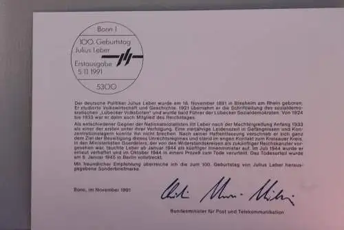 Ministerkarte zum Ausgabeanlaß "Julius Leber, 5. Nov. 1991; MiNr. 1574