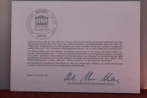 Ministerkarte zum Ausgabeanlaß: "750 Jahre Hannover", 8. Jan. 1991; MiNr. 1491