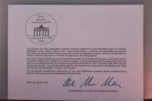 Ministerkarte zum Ausgabeanlaß: "200 Jahre Brandenburger Tor Berlin", 8. Jan. 1991; MiNr. 1492