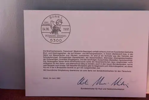 Ministerkarte zum Ausgabeanlaß: "Bedrohte Seevögel", 4. Juni 1991;  MiNr. 1539-42