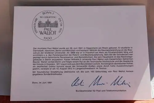 Ministerkarte zum Ausgabeanlaß: "Paul Wallot", 4. Juni 1991;  MiNr. 1536