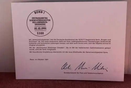 Ministerkarte zum Ausgabeanlaß: "Sehenswürdigkeiten: Sächsische Staatsoper Dresden", 10. Okt. 1991;  MiNr. 1562